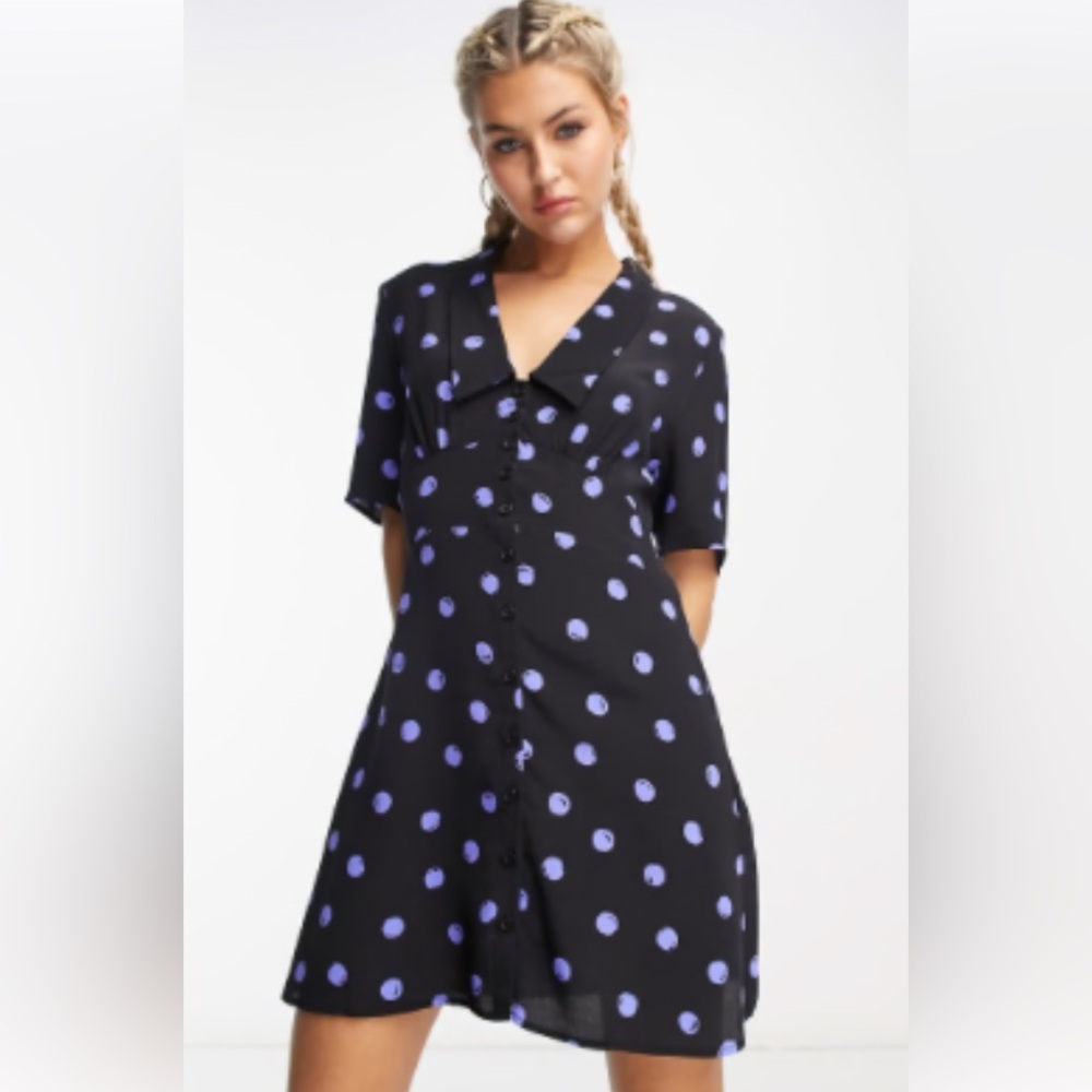 Nobody’s child DAISY BUTTON FRONT MINI DRESS IN BLUE and black polka dot